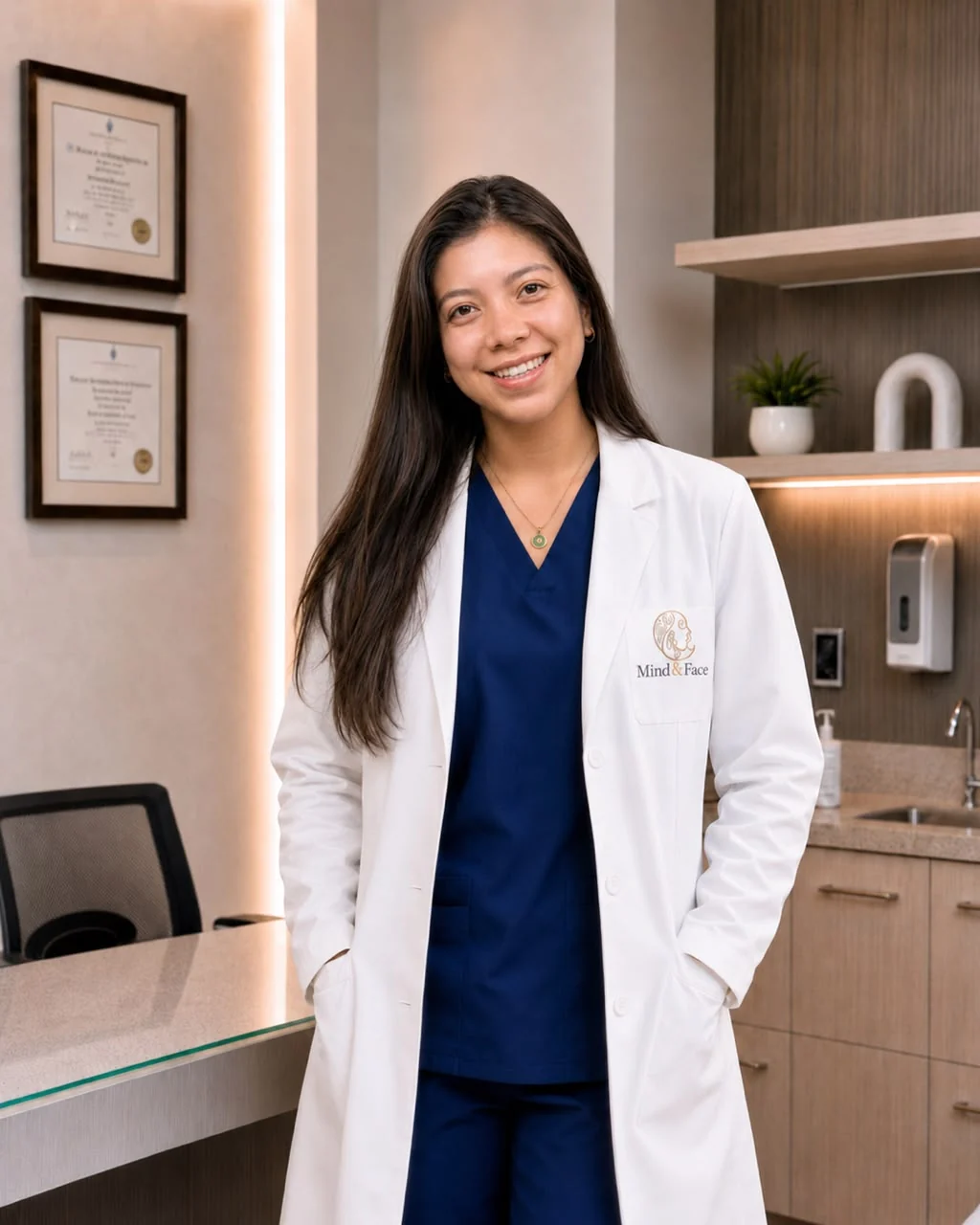 La Dra. Jimena Bazán, con bata de Mind&Face, de pie en el consultorio del centro.